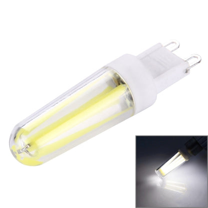 Warm white G9 dimmable LED lamp with clear glass tube and white base, emitting light