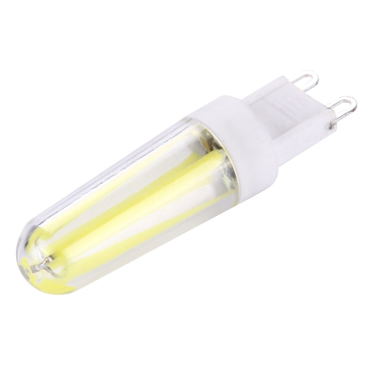G9 dimmable LED lamp with clear glass tube, white base, and two metal contact pins