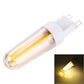 Warm white G9 dimmable LED lamp with clear tube and white base, lit and glowing