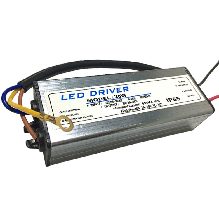Metal LED driver adapter with blue label and attached multicolor power wires