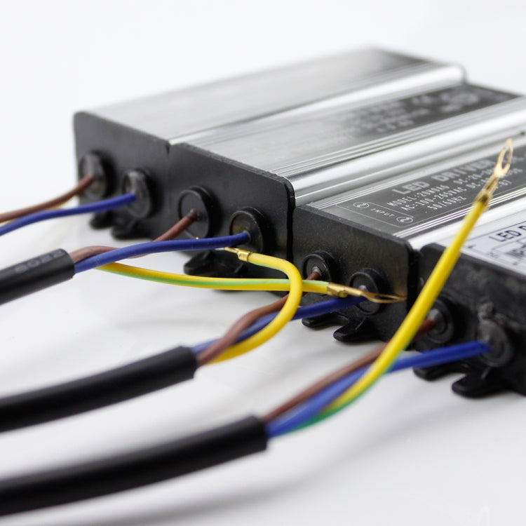 LED driver side view with metal housing and multicolor wire connections