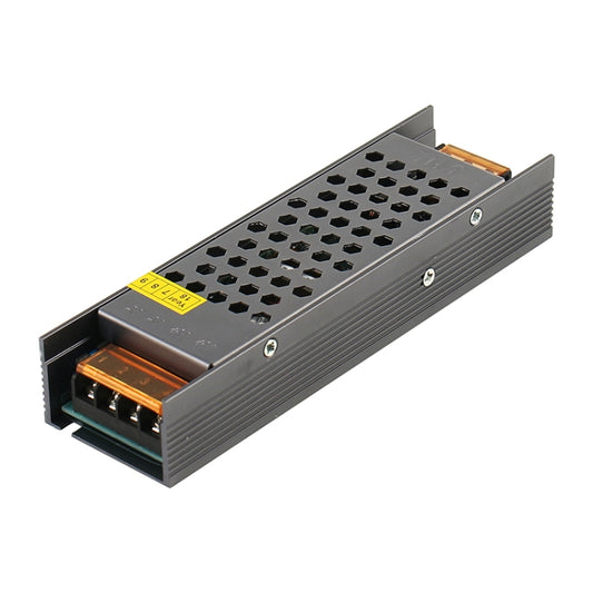 Regulated DC switching power supply, black metal body with ventilation and connector ports