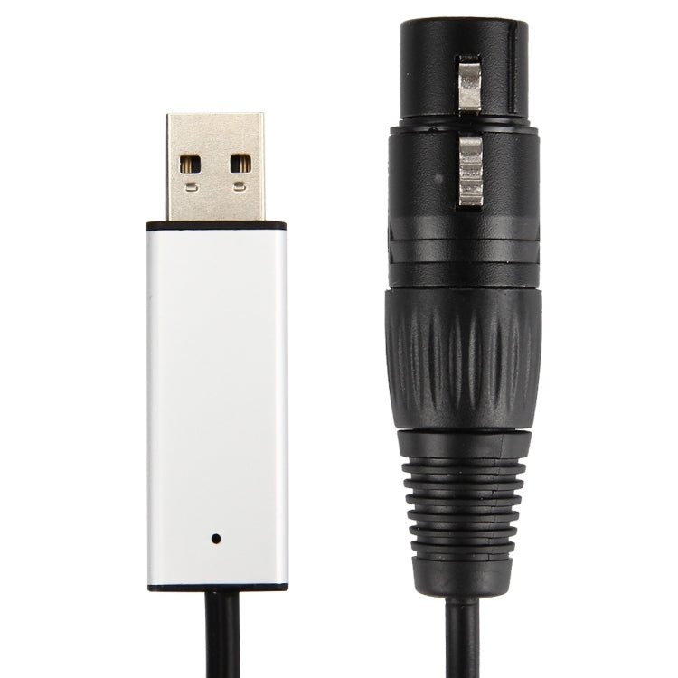 USB-A to DMX512 adapter cable with USB-A plug and black barrel-style connector
