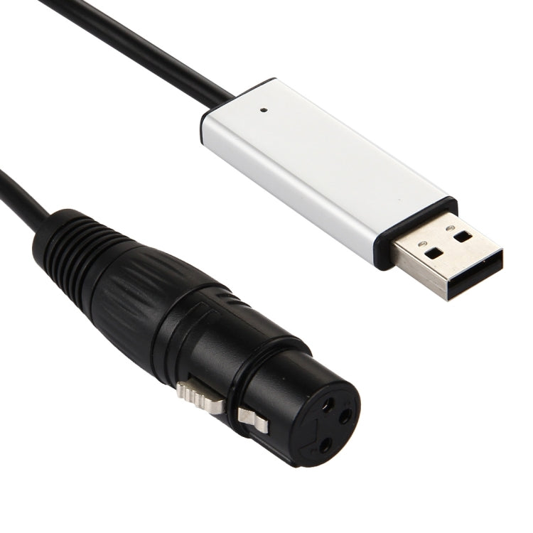 USB-A plug adapter cable with black cable and black XLR-style 3-pin connector