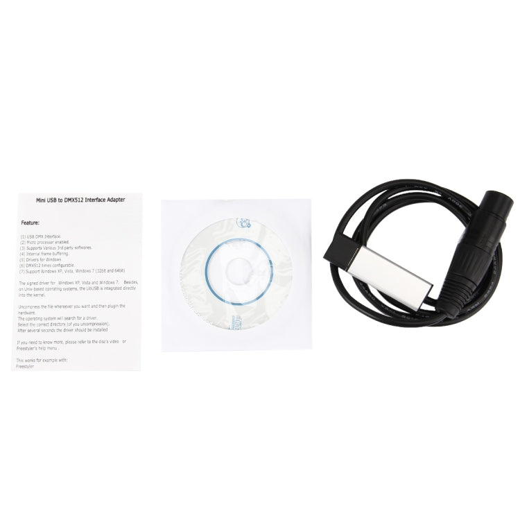 USB to DMX512 adapter cable with instruction sheet and included disc