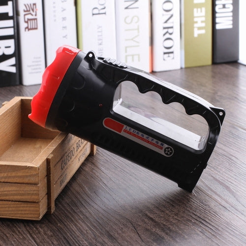 Black and red LED flashlight with open hanging hook, side view