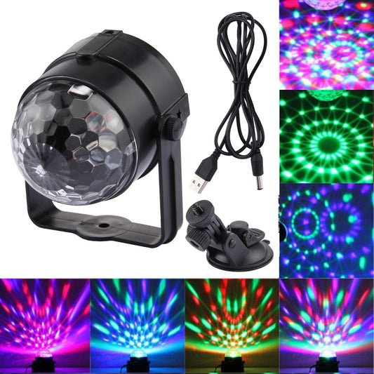 Rotating USB disco DJ light with black housing, mounting base, and power cable