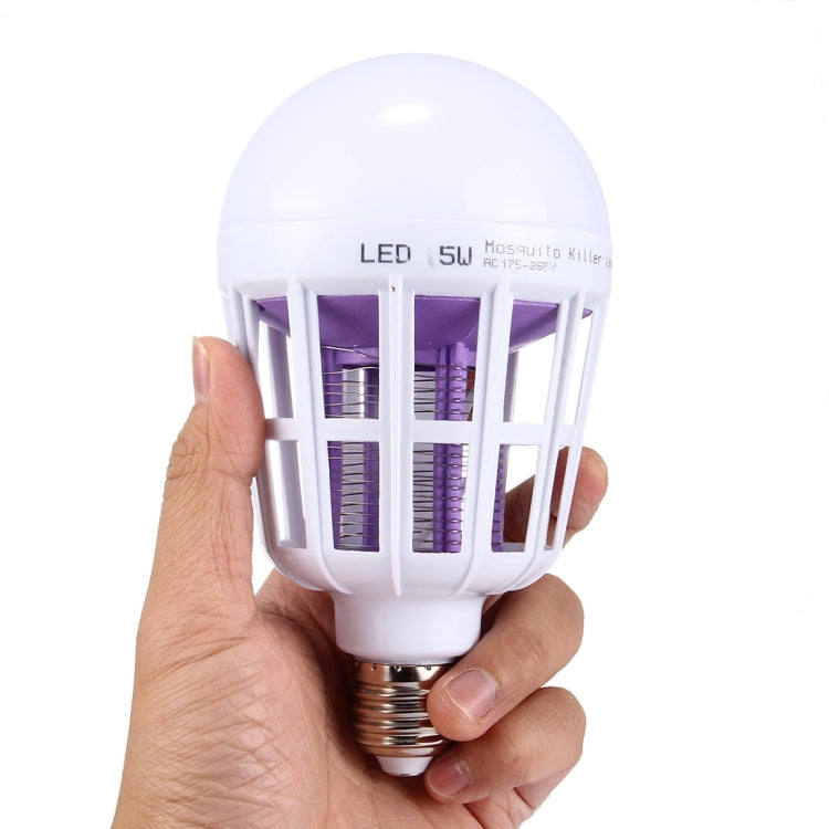 Hand holding white LED mosquito killer lamp bulb with purple interior grid