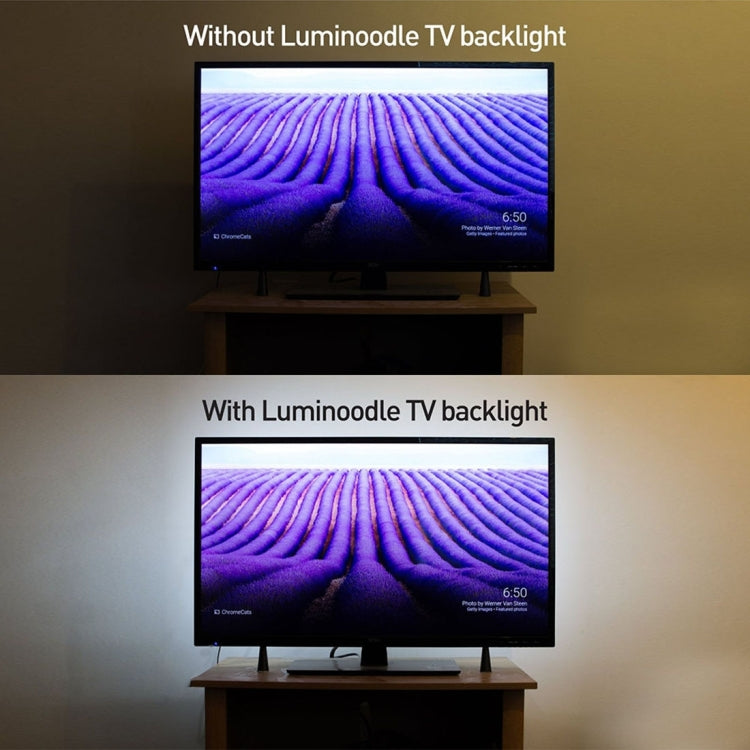 LED TV backlight strip light with power connection, glowing around TV display