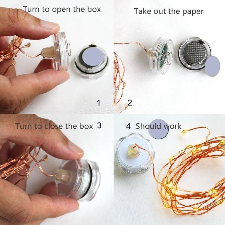 LED fairy light rope components: clear bulb caps and copper wire with hands assembling