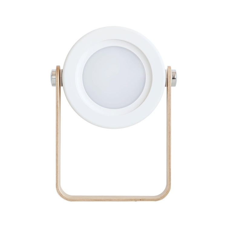 White LED lantern lamp front view with round light panel and metal side knobs