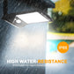 Weatherproof solar LED wall light, rain-splash scene, black body and white panel