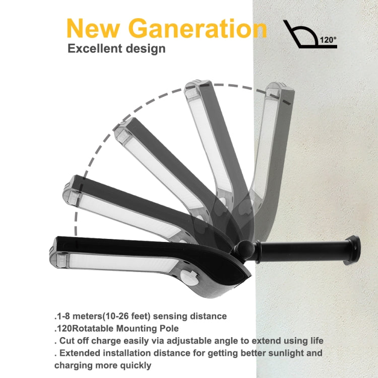120° mounting motion sensor LED light diagram with adjustable pole and angle feature