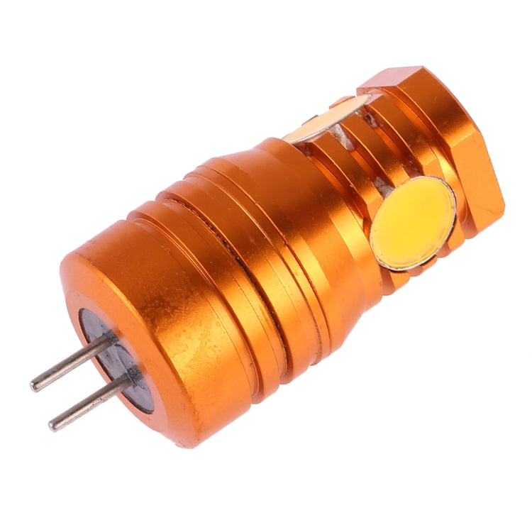 Orange G4 LED corn bulb with side pins and two visible LED chips