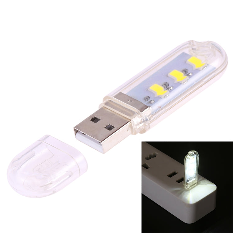 USB LED book light with cap, three LEDs in clear casing, cool white glow.