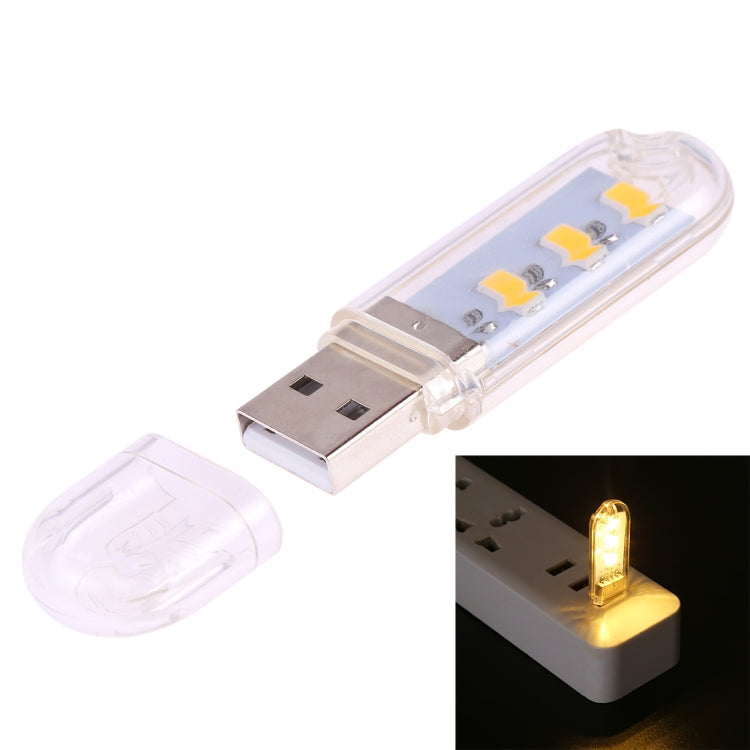 USB LED book light with three bulbs in clear casing, warm glow.