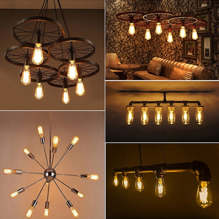Warm-glowing ST64 LED filament bulb set with E27 bases in a ceiling fixture.