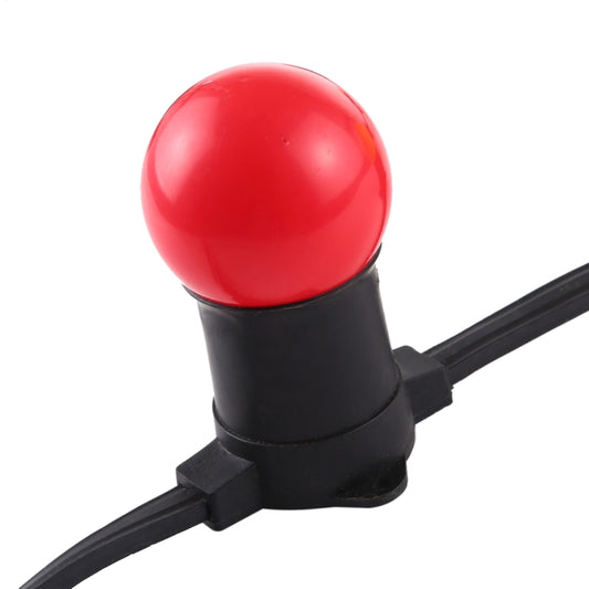 Red LED globe cap on black socket with wire, part of multicolor string light