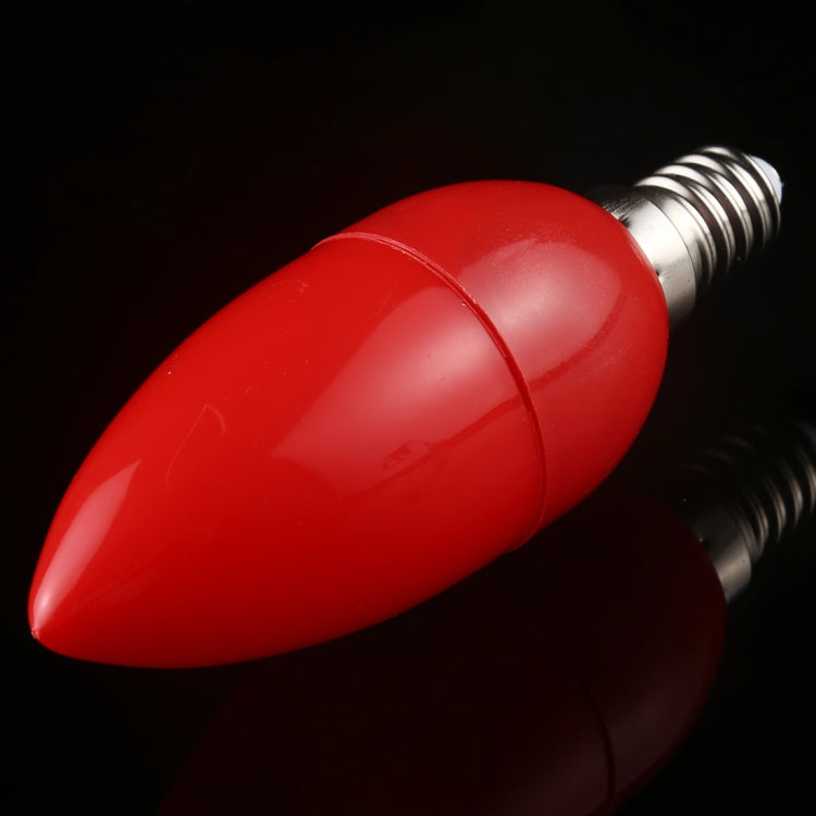 Red LED bulb angled view with red bulb housing and chrome E14 screw threads