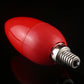 Red LED light bulb close-up with metal screw base and glossy finish
