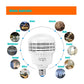 LED light bulb with application icons for home, office, studio, school, and hotel