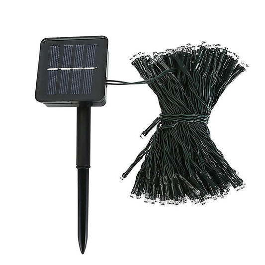 Solar LED string lights set with black solar panel and bundled wire strands