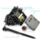 Solar LED string lights components: battery holder, rubber plug, and black wire strands