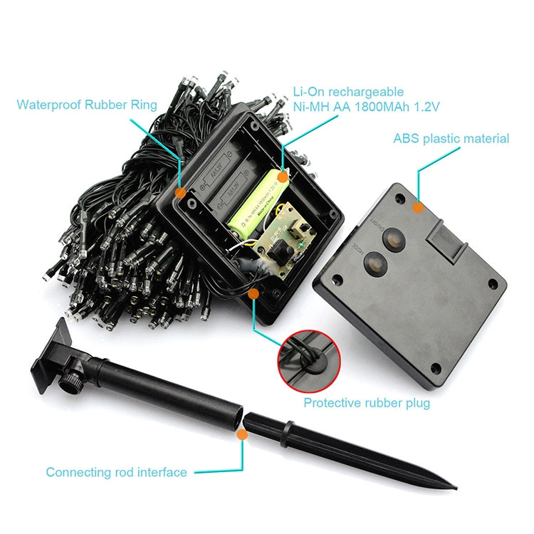 Solar LED string lights components: battery holder, rubber plug, and black wire strands