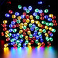 Close-up multicolor LED string lights with small round glowing bulbs