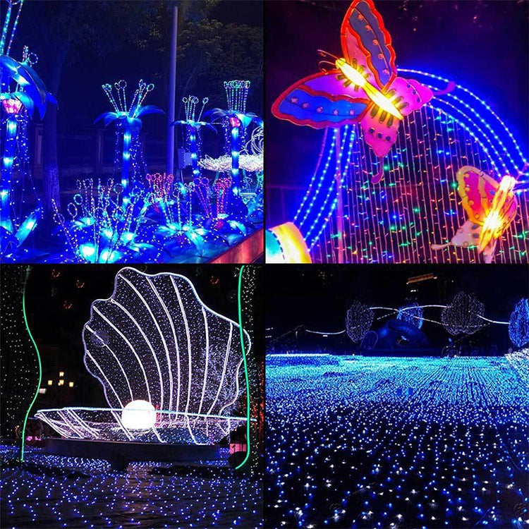 Blue LED outdoor light decorations with net-style strands and glowing bulbs