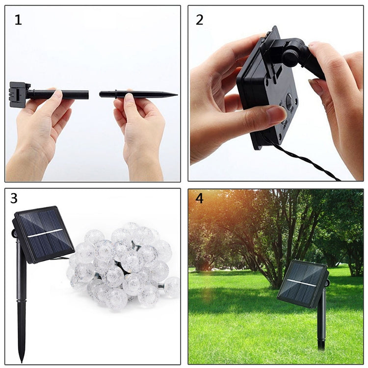 Solar LED bubble ball string lights showing solar panel and stake setup steps