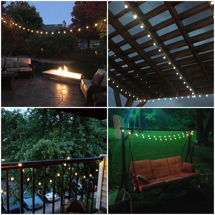 Outdoor solar string lights with glowing globe bulbs along patio railings and pergola