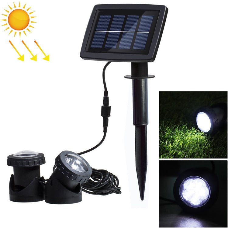 Two-head LED solar waterproof spotlight kit with panel, stake mount, and two ground lights