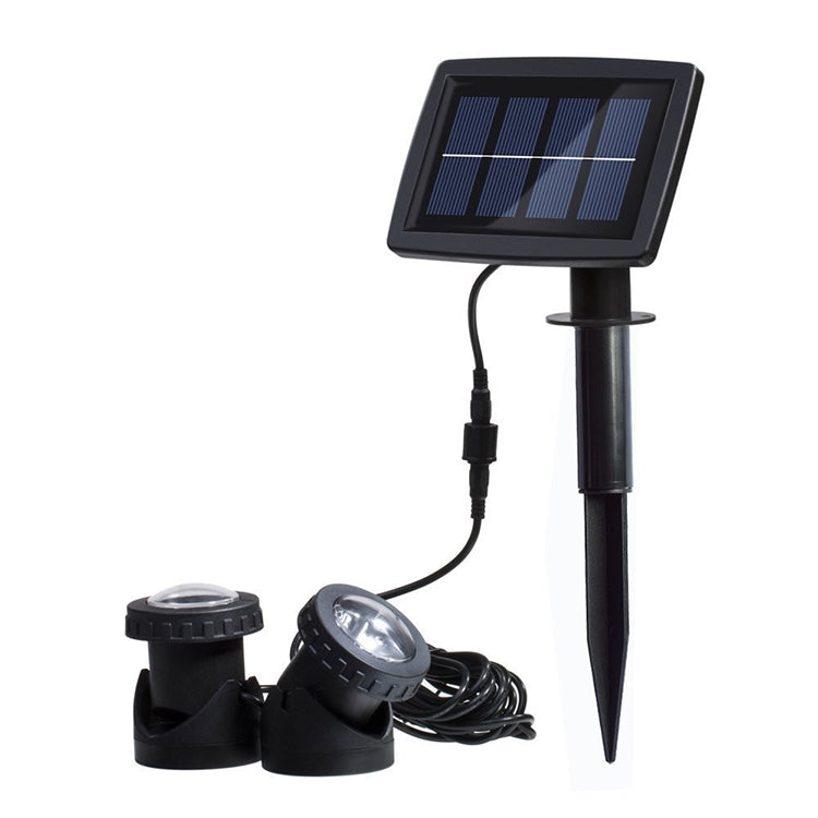 Two-head solar LED waterproof spotlight with foldable panel, stake, and two cable lights