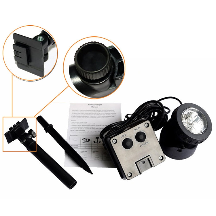 Two-head solar LED waterproof spotlight set with control box, stakes, and two lamp heads