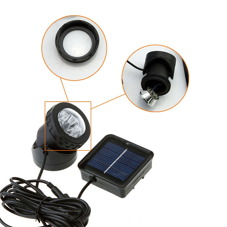 Two-head solar LED spotlight with solar panel, power cable, and round light heads