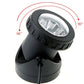 Black LED solar spotlight head with adjustable tilt showing bright lens