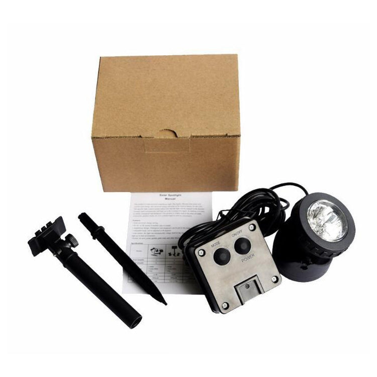 Two-head solar LED waterproof spotlight kit with controller box, stakes, and two lamp heads