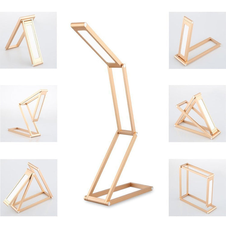 Folding LED desk lamp in light wood finish, shown from multiple angles