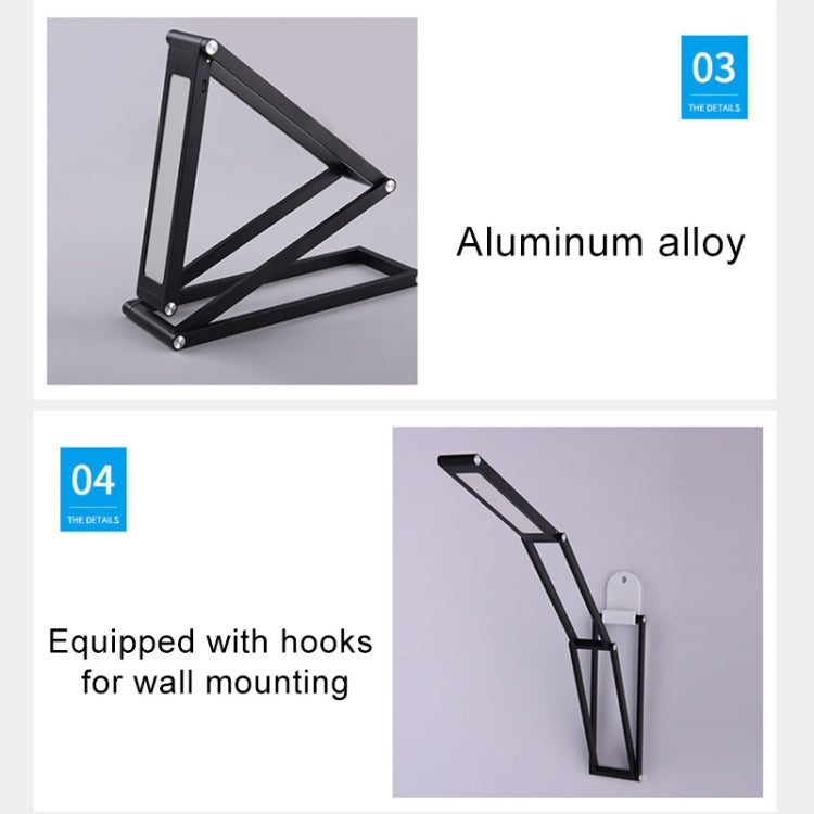 Black aluminum alloy folding LED desk lamp with angled arms and stable base