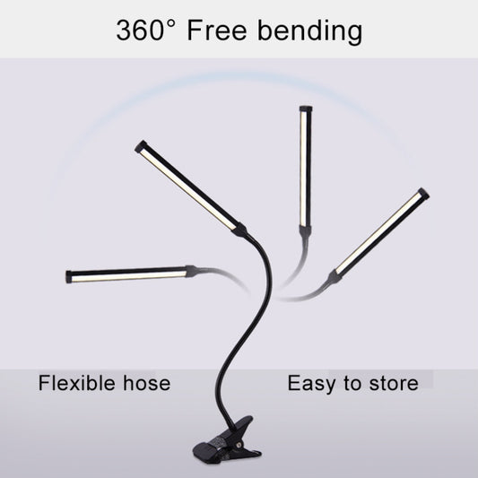 Black LED desk lamp with long light bar, flexible hose, and foldable clamp base