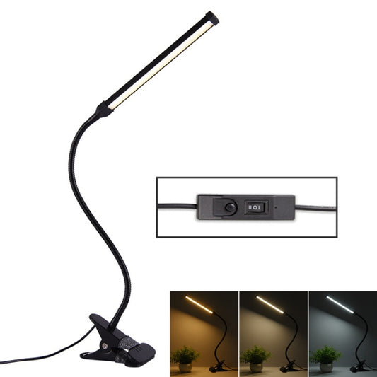 Black LED desk lamp with folding arm and clip base, adjustable light bar and switch