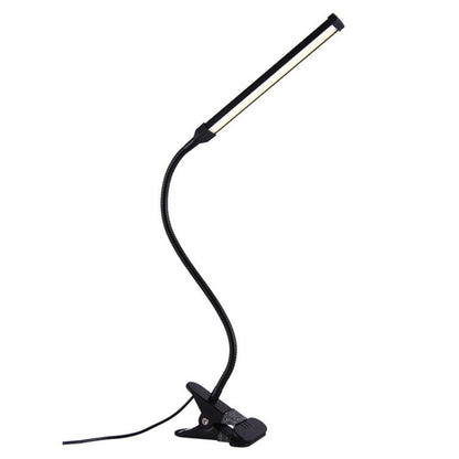 Black LED desk lamp with flexible gooseneck, clamp base, and USB power cord.