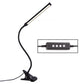 Black LED desk lamp with inline USB controller box and adjustable gooseneck.