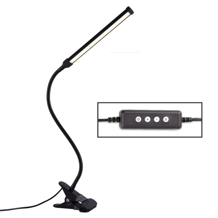 Black LED desk lamp with inline USB controller box and adjustable gooseneck.
