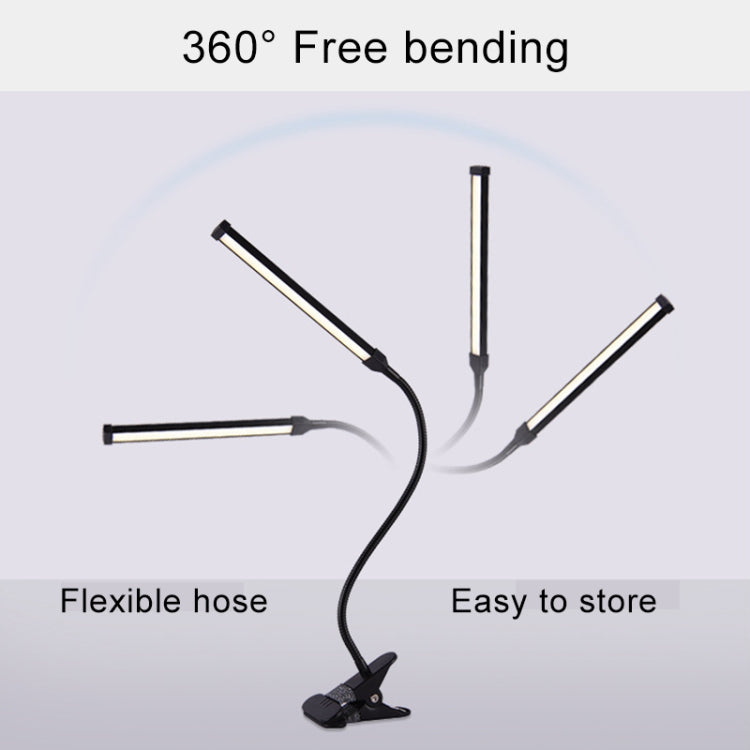 Black LED desk lamp with flexible hose for adjustable 360-degree positioning.