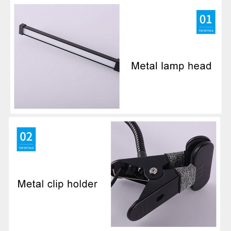 Black LED desk lamp with metal lamp head and clip holder base.