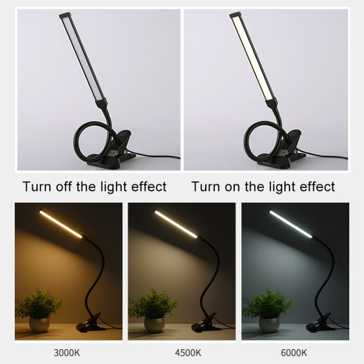 Black LED desk lamp showing warm, neutral, and cool light color options.
