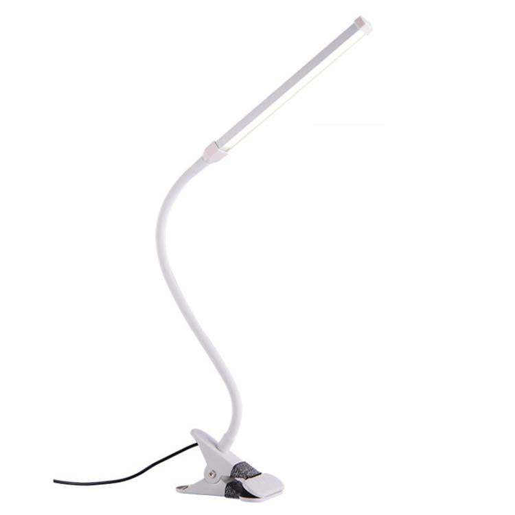 White LED desk lamp with flexible gooseneck and clamp base, USB power cord.