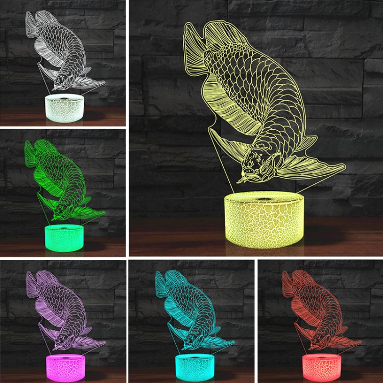 Fish-shaped 3D LED table lamp showing multicolor glow bases: green, purple, blue, red